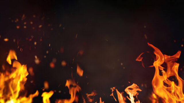 Barbeque fire with copy soace. Fire embers particles over black background. Fire sparks background. Abstract dark glitter fire particles lights.