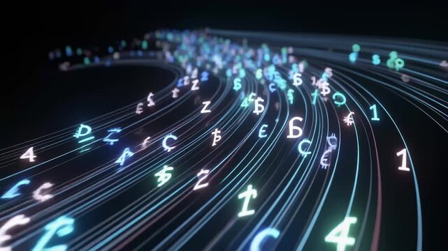 Digital data streams forming cryptic currency and binary code symbols in futuristic design