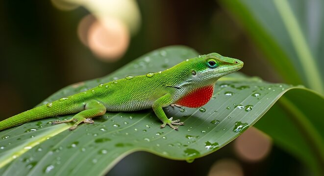 Vibrant Green Anole Lizard with Red Dewlap on Wet Leaf in Lush Habitat.