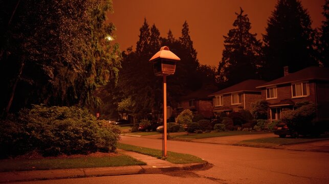 Tall slender billboard mast with a blank rectangular space in a suburban neighborhood at night
