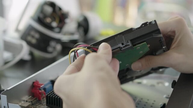 Hand of woman is installing a hard drive into a security camera recorder.