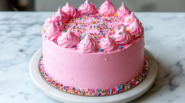 Vibrant hot pink celebration cake with colorful sprinkles on marble countertop for birthday party