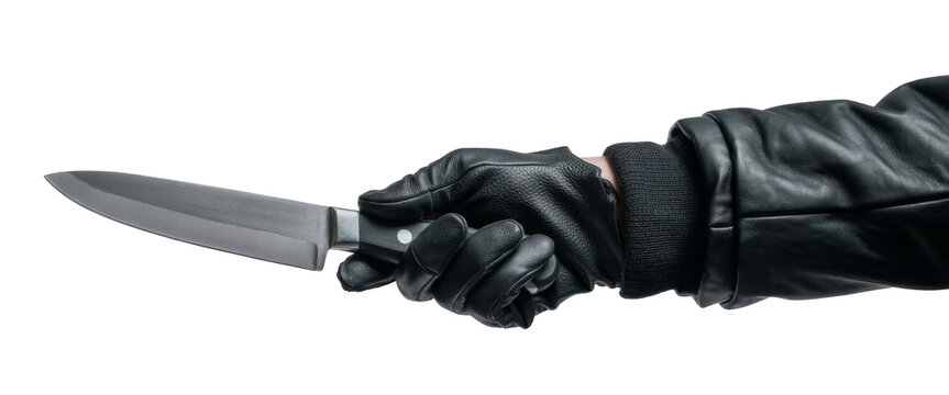 Hand in Leather Glove Holding Knife: A Weapon of Crime and Danger