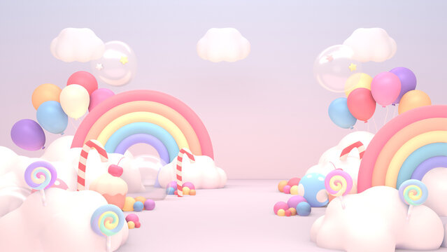 3D rendered rainbow candy land with cupcakes, candy canes, lollipops, and balloons.