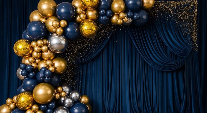 Golden and silver metallic balloons in dark elegant celebration backdrop with confetti