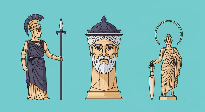 Set of three ancient Greek vector illustrations including a hoplite warrior with spear and helmet, a bearded male deity bust, and a goddess holding a sword on a teal background.