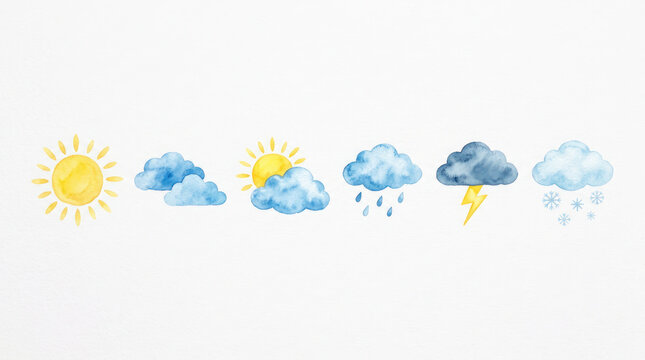 Watercolor illustration depicting various weather conditions including sun, clouds, rain, lightning, and snow on a white background