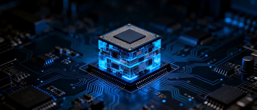 Circuit Board with Blue Glowing Microchip