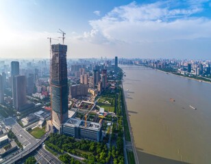 Naklejka premium An aerial view showcases a modern cityscape with a towering skyscraper under construction alongside a wide river, highlighting urban development and architectural progress.