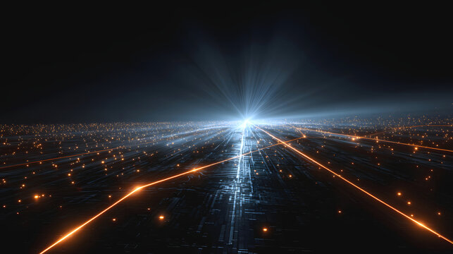 Futuristic glowing light beams over digital grid landscape, abstract technology background