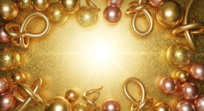 Golden jewelry set with rings, earrings, and necklace on glittery background