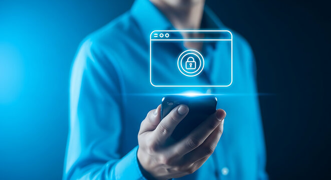 Person holding a smartphone projecting a glowing secure browser window, symbolizing mobile data protection and online privacy on a digital interface