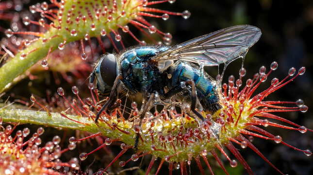 A metallic blue fly is caught in the sticky, dew-covered tentacles of a carnivorous sundew plant in a macro wildlife scene.