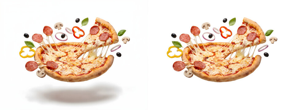 Levitating pepperoni pizza with flying ingredients, delicious floating pizza slice with melting cheese, fresh italian food isolated on white background