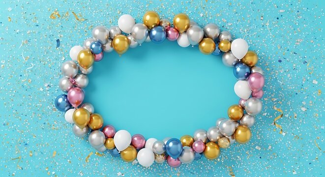 Colorful water balloons arranged in heart shape on turquoise water background