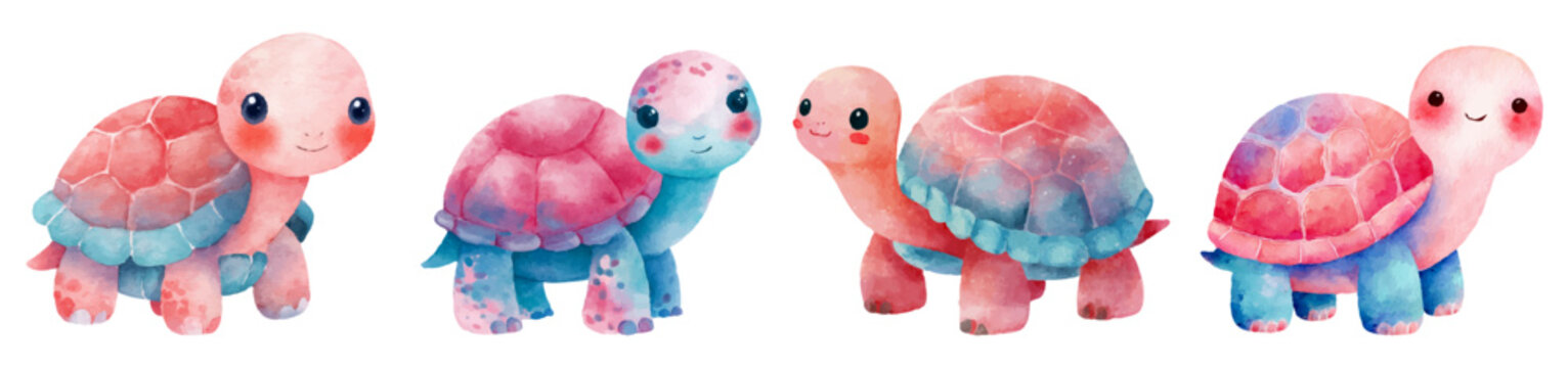 Four sweet watercolor turtles with colorful pink and blue shells, standing and smiling, perfect for kids' designs, nursery decor, and playful animal themes