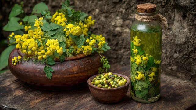 Yellow Wildflowers in Pot and Infusion Bottle with Seeds, Natural Herbal Remedy Preparation