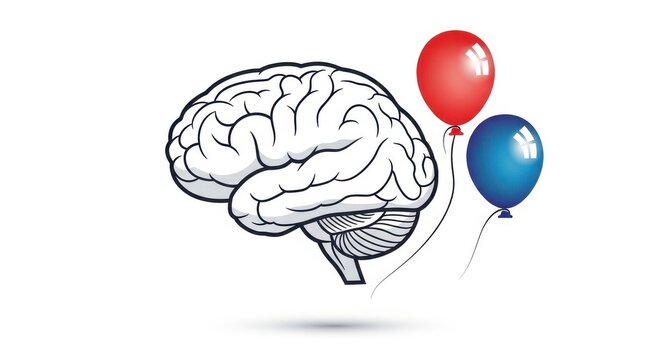 A simple line drawing of a brain lifting off with two colorful balloons on strings floating upwards