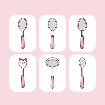 Collection of modern vector illustrations of diverse pink-handled spoons, including tablespoons, a ladle, dessert spoons, and a charming cat-faced character spoon.