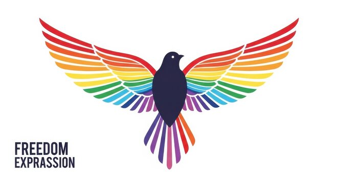 A colorful bird with rainbow wings and the words freedom expression bird in flight rainbow wings col