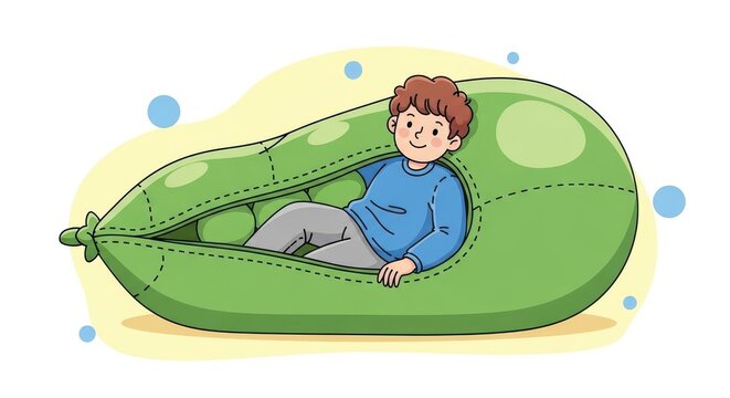 a cartoon boy sitting comfortably inside a large green pea pod with a cheerful expression on his fac