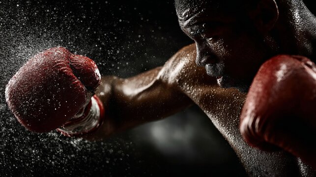 A muscular man wearing boxing gloves throws a powerful punch in a dark setting with sweat and dust flying around him.
