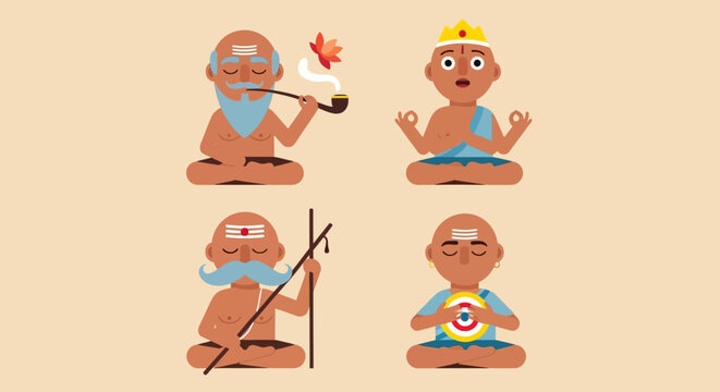 Stylized illustration set depicting wise spiritual masters and meditating figures embodying tranquility, wisdom, and ancient cultural practices