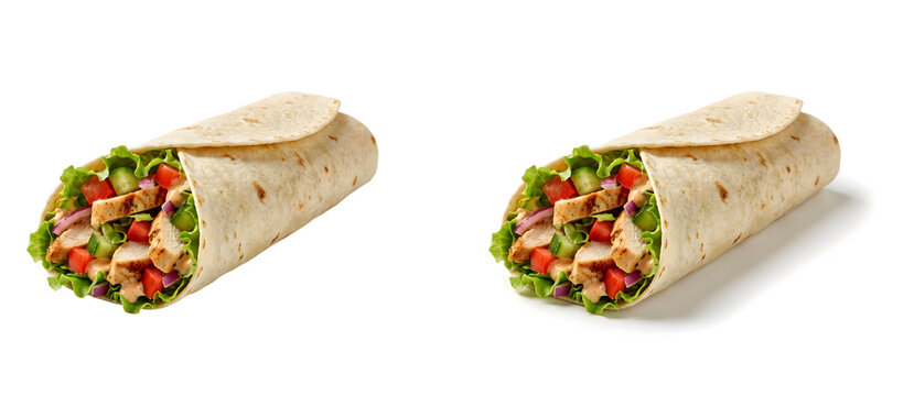 Grilled chicken wrap with fresh vegetables, healthy flour tortilla burrito with salad, delicious chicken fajita roll isolated on white background