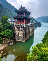 Fototapeta premium A stunning view of the ancient Hongchun Pavillion, a traditional Chinese pavilion built on a stone bridge.