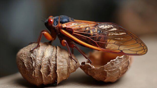 Adult cicada rests beside its empty molted shell, showcasing natural transformation in detail