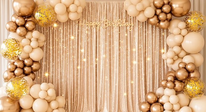 Golden and beige baubles hanging on metallic tinsel for festive holiday decoration