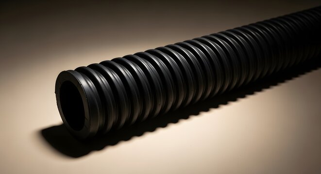 Close-up of a black corrugated plastic pipe on a neutral background.