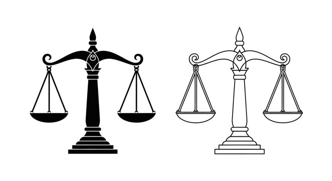 Vector illustration of traditional balance scales, both solid and outline, symbolizing justice, law, equity, and fairness in legal and ethical contexts, ideal for judiciary and legal themes