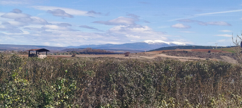 Vista panor&aacute;mica de un campo con matorrales bajos y monta&ntilde;as nevadas en el horizonte bajo un cielo nublado en Burgos, Espa&ntilde;a