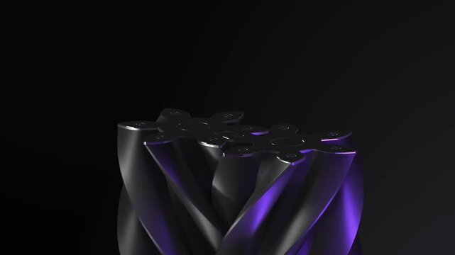 Close up of twisting carbon fiber gear structures with purple internal lighting representing luxury automotive engineering and innovation