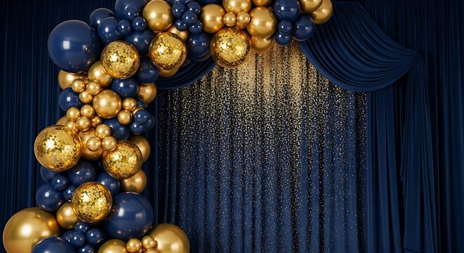 gold and blue metallic balloons sparkling on dark glittery backdrop for celebration