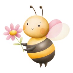 Naklejka premium Hand-painted watercolor cute honey bee character with a pink blossom. Charming magical bumblebee for nursery, spring and children's garden design isolated on white.