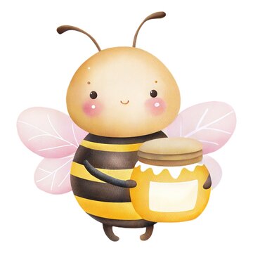 Hand-painted watercolor cute honey bee character with a big jar of honey. Charming magical bumblebee for nursery, kitchen decor and children's design isolated on white.