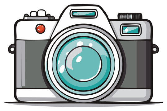 Stylized vector illustration of a vintage analog photo camera with a prominent aqua lens
