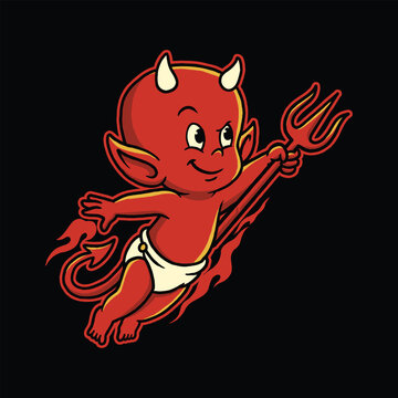 Cute Flying Devil Baby Mascot Holding Trident &ndash; Cartoon Red Demon Character Illustration