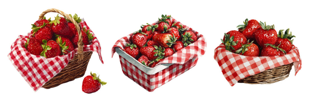 Freshly picked red strawberries in charming rustic wicker baskets and a picnic punnet, nestled on red and white checkered napkins, symbolizing summer harvest and wholesome outdoor eating