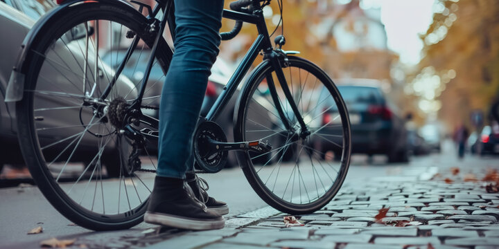 Close up of a person riding a bicycle in urban traffic at sunset, illustrating a shift from car travel to cycling as a response to rising gasoline prices