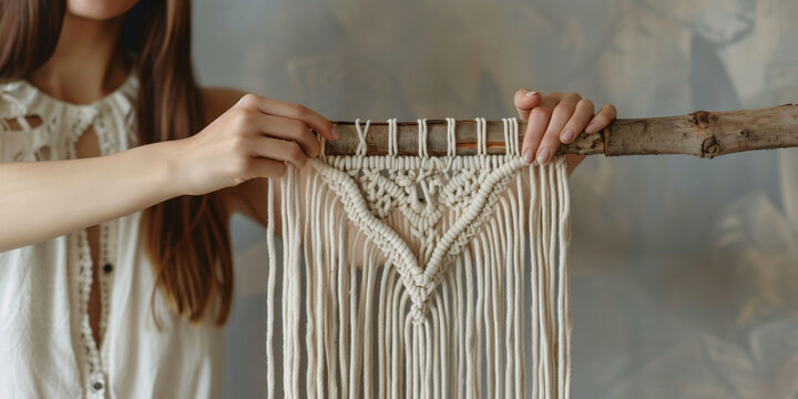 Close up of hands weaving a macrame wall hanging on a rustic driftwood branch, showing detailed knotting, natural cotton cords, and a handmade fiber art process in a warm craft setting
