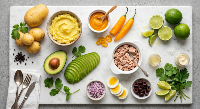 Hyper-realistic flat lay of Causa Rellena ingredients on white marble