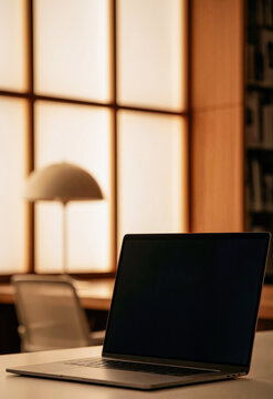 Minimalist Home Office With Desktop Computer on Wooden Built-In Desk With Warm LED Shelf Lighting in Modern Wood Interior