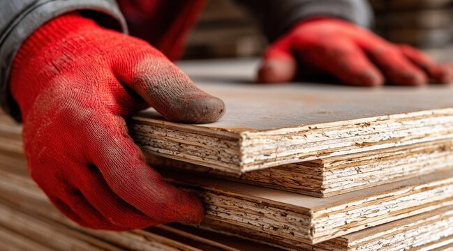 Carpenter hands in red gloves holding stack of plywood sheets