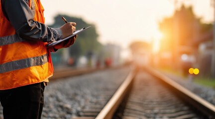 Obraz premium Worker in safety vest writing on clipboard by railway tracks at sunset