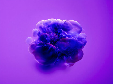 Abstract Purple and Blue Ink Cloud Explosion Floating on Vibrant Violet Background in Surreal Smoke Formation