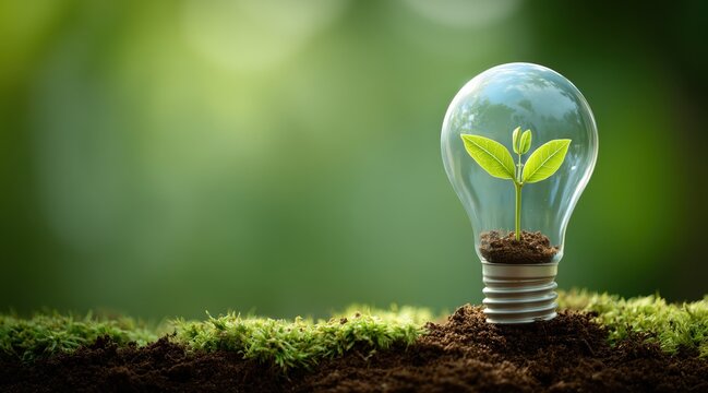 Small green plant growing inside lightbulb on mossy ground