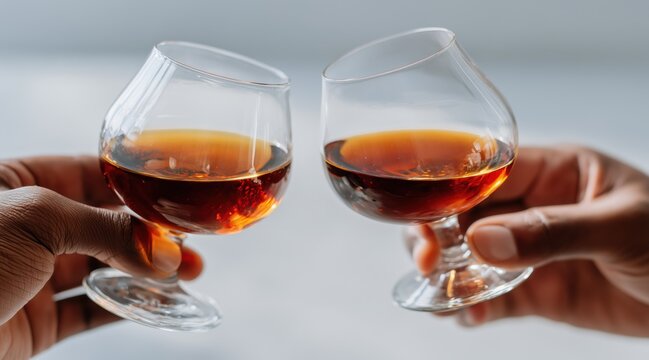 Hands clinking glasses of cognac for toast